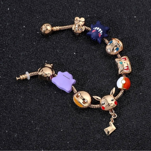 Gold Plated Pokemon Themed Charm Bracelet Adjustable Sizing Design - Picture 6 of 8